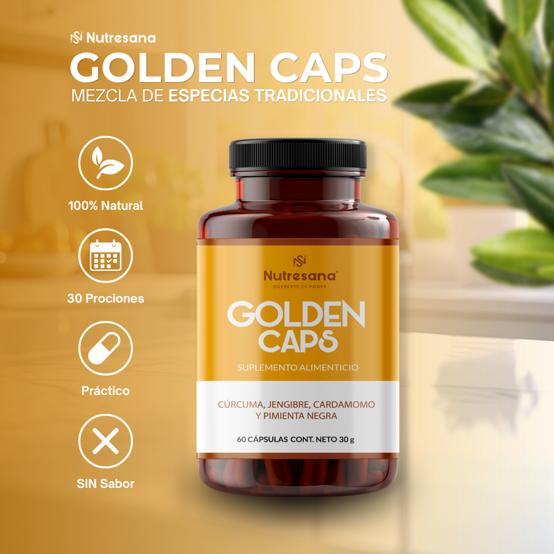 Golden Caps | Cúrcuma, jengibre, cardamomo, pimienta negra | 30 servicios | Apoyo Digestivo y Bienestar