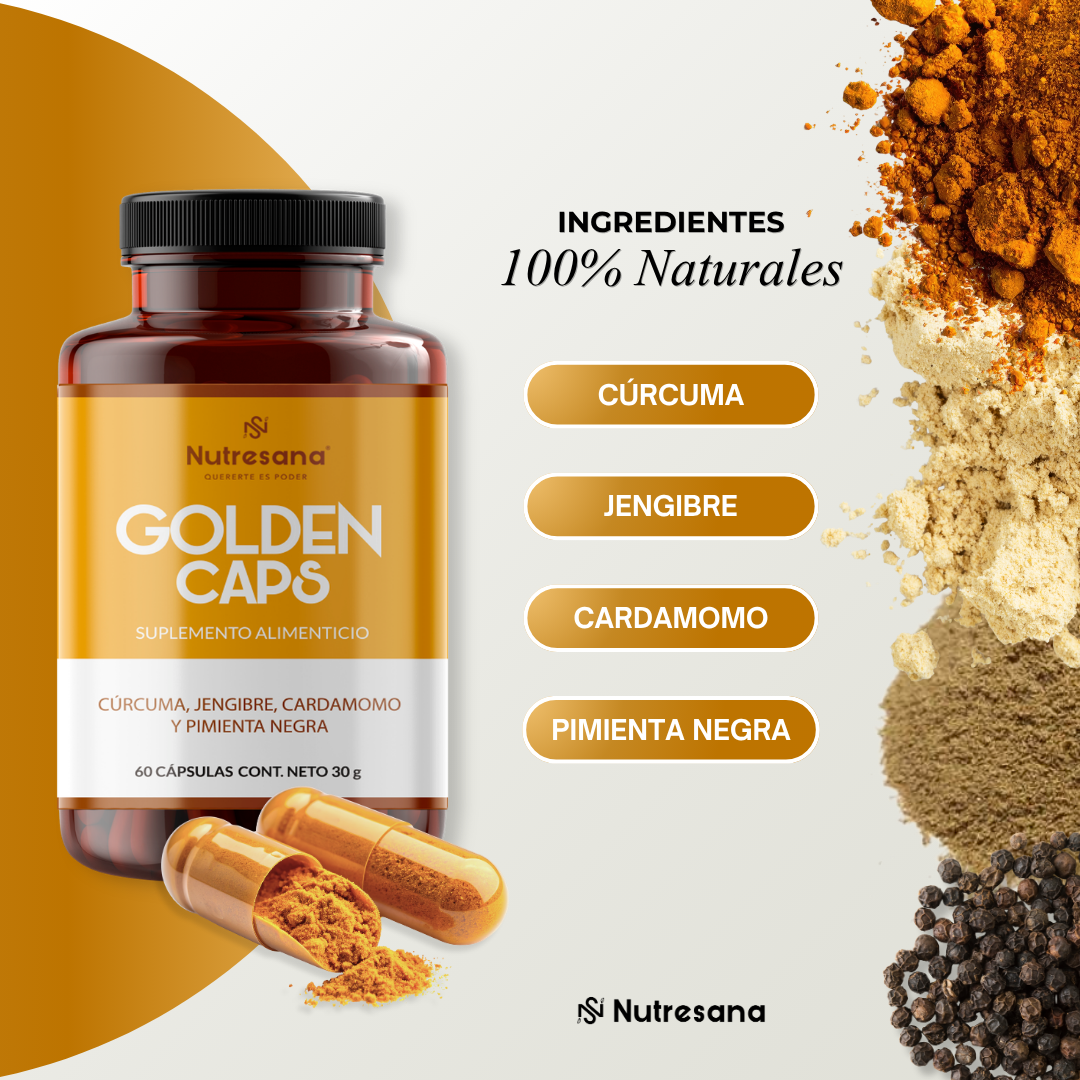 Golden Caps | Cúrcuma, jengibre, cardamomo, pimienta negra | 30 servicios | Apoyo Digestivo y Bienestar