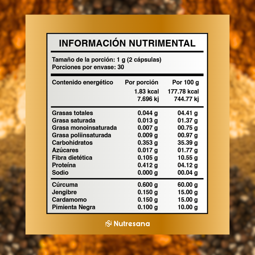 Golden Caps | Cúrcuma, jengibre, cardamomo, pimienta negra | 30 servicios | Apoyo Digestivo y Bienestar